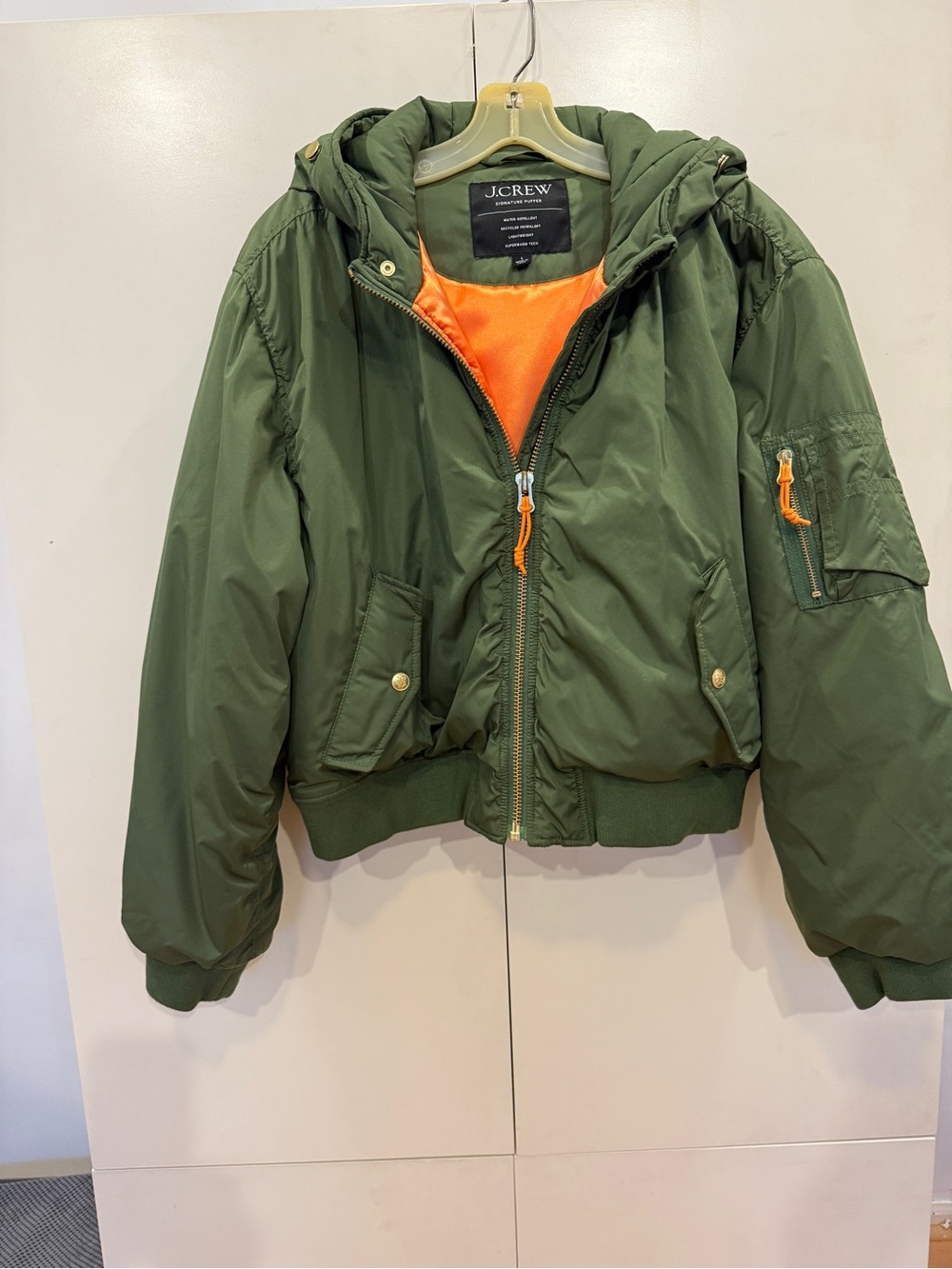 J. Crew Olive Green Hooded Puffer Jacket with Orange Lining